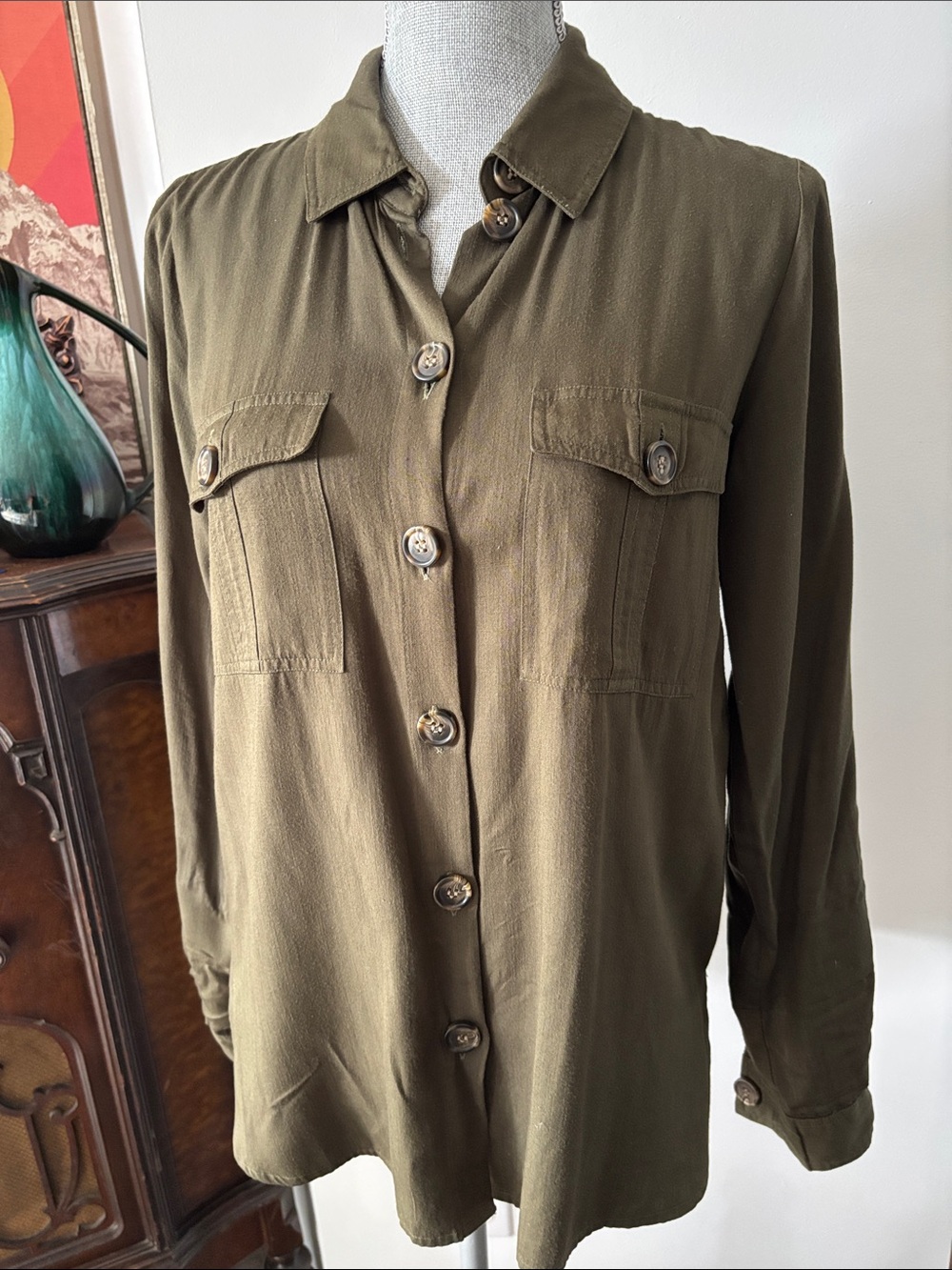 Noisy May Olive Green Button-Down Shirt